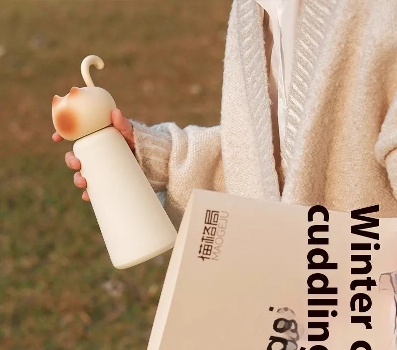 Beige cat-shaped portable thermos cup with 316 stainless steel liner and insulation for 0-6 hours