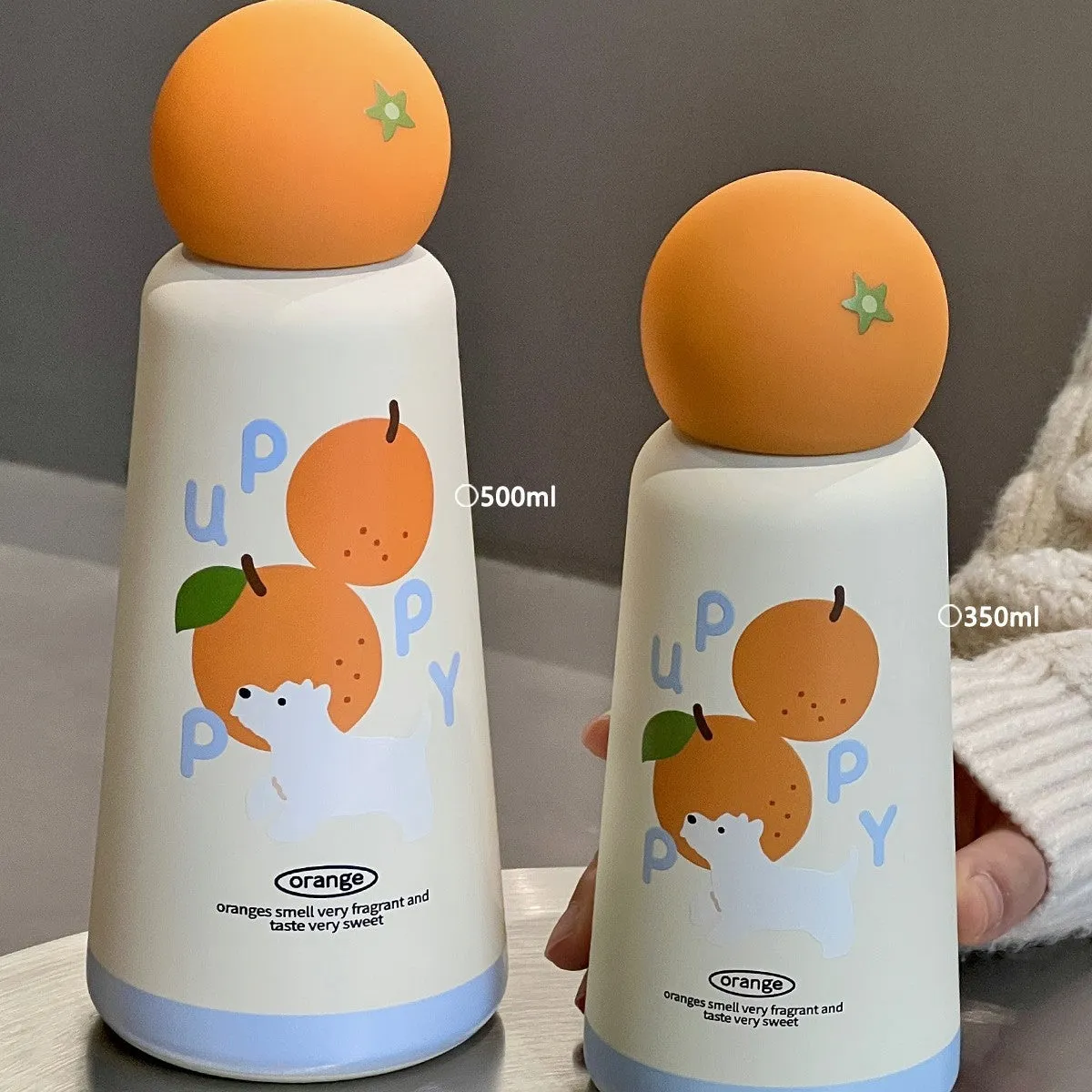 Cartoon cup with 316 stainless steel body in orange design with puppy face, 500ml capacity