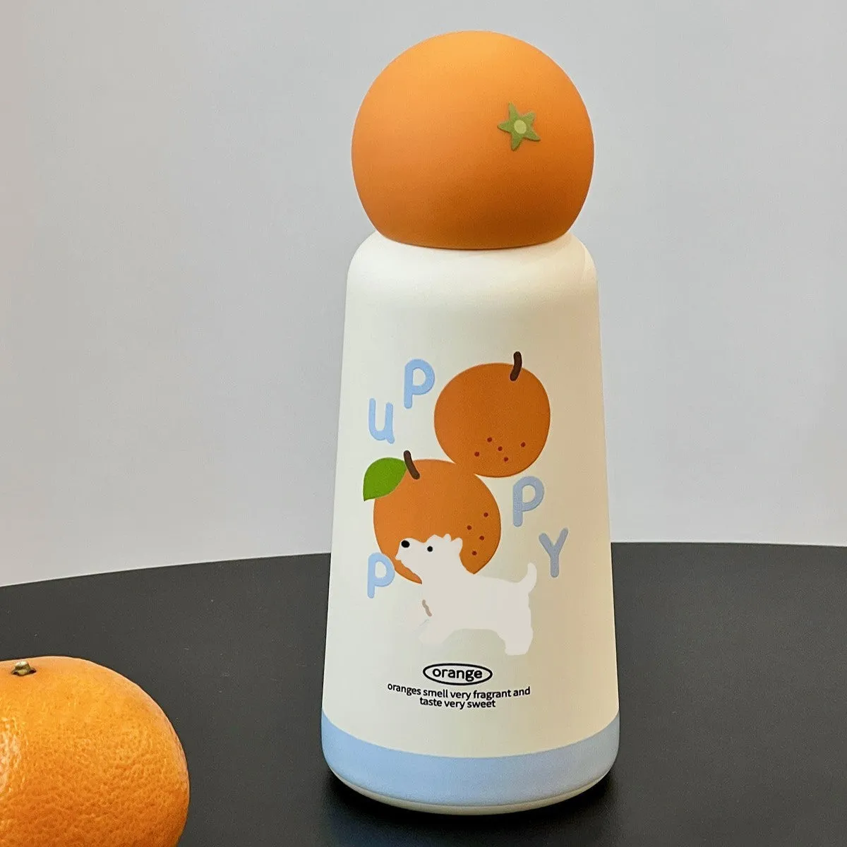 Cartoon cup with 316 stainless steel body in orange design with puppy face, 500ml capacity