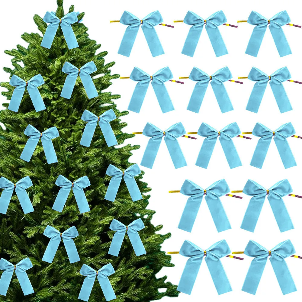 Set of 12 handmade velvet Christmas tree bows in tie-style design, available in multiple colours