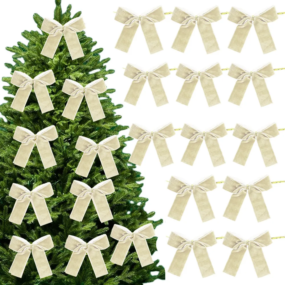 Set of 12 handmade velvet Christmas tree bows in tie-style design, available in multiple colours