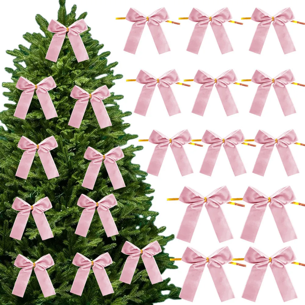 Set of 12 handmade velvet Christmas tree bows in tie-style design, available in multiple colours