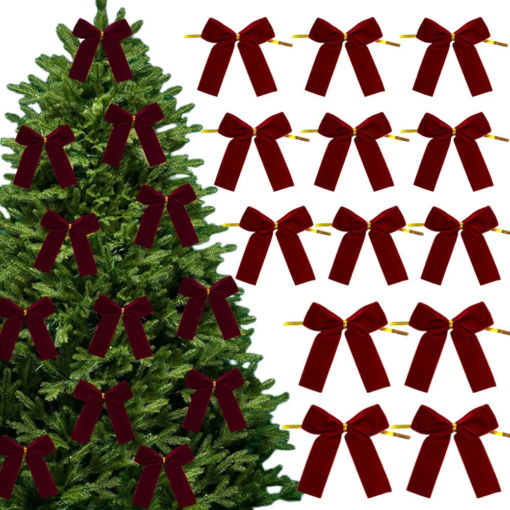 Set of 12 handmade velvet Christmas tree bows in tie-style design, available in multiple colours