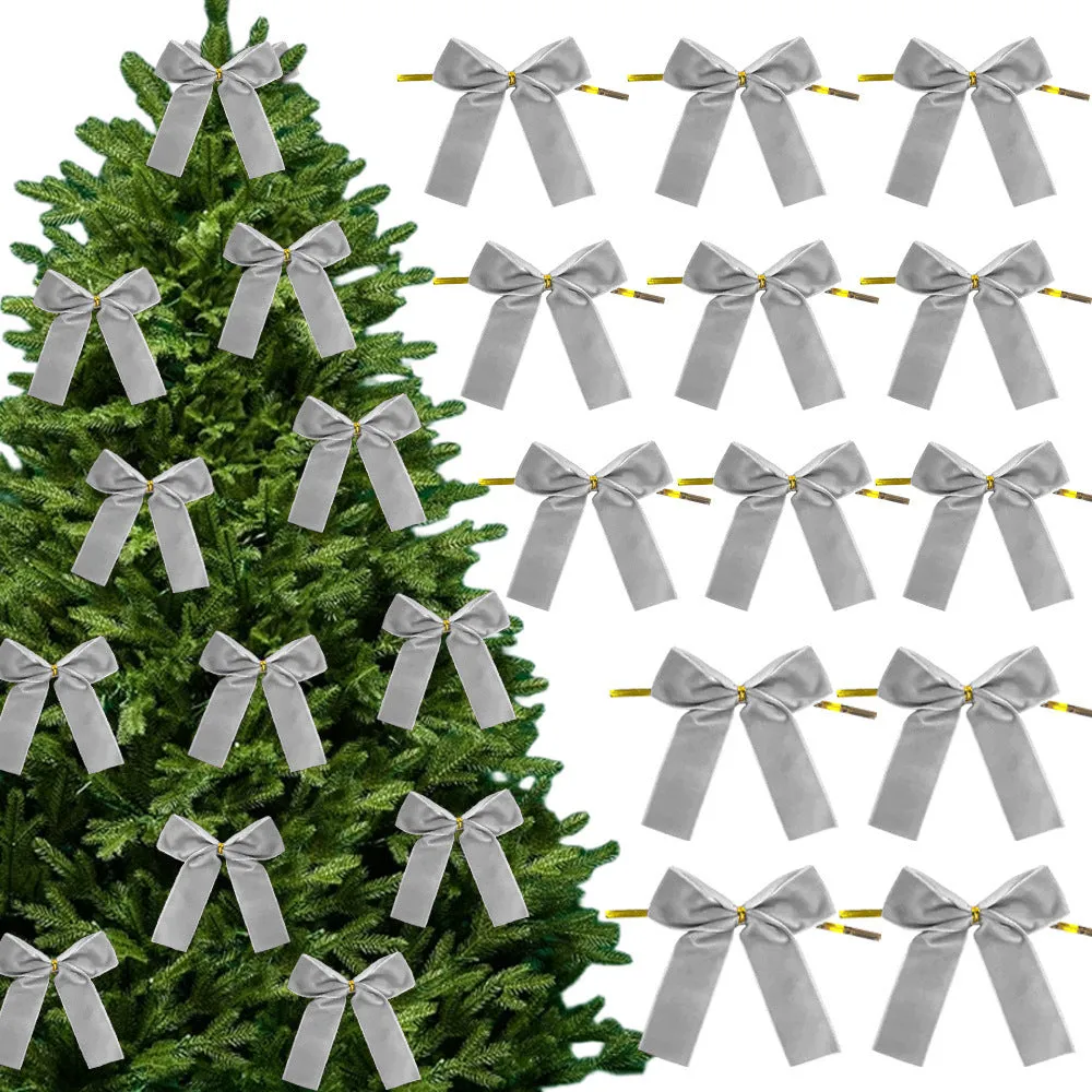Set of 12 handmade velvet Christmas tree bows in tie-style design, available in multiple colours