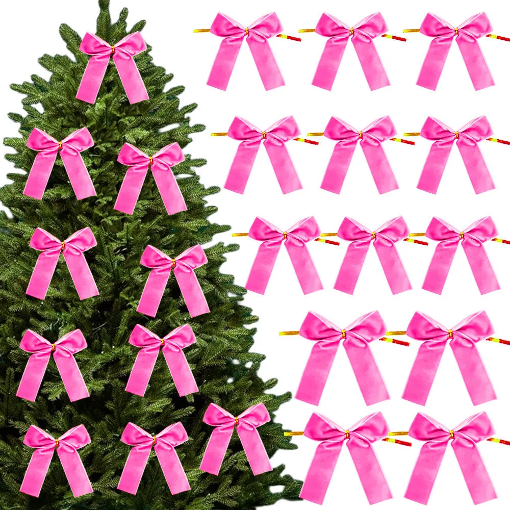 Set of 12 handmade velvet Christmas tree bows in tie-style design, available in multiple colours