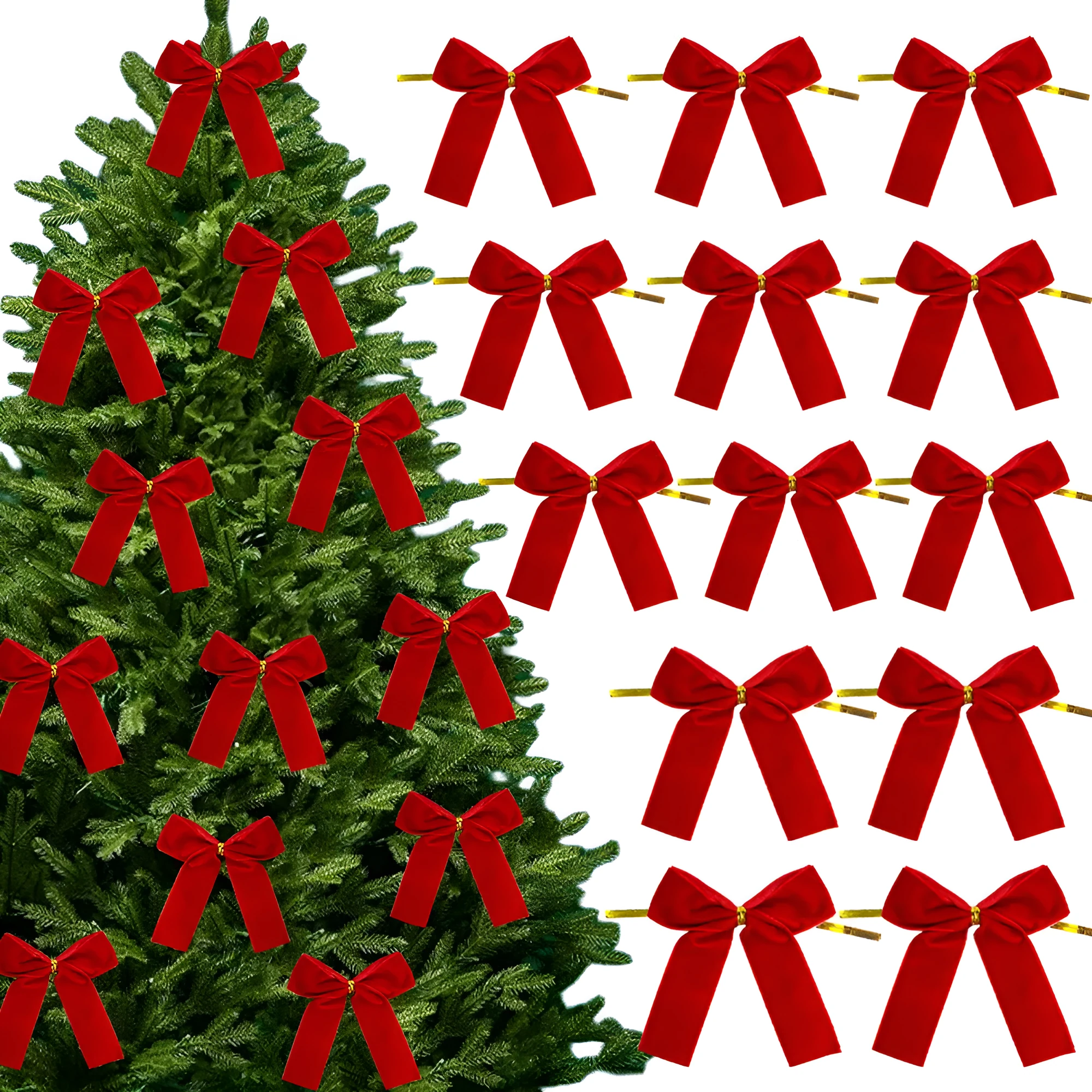 Set of 12 handmade velvet Christmas tree bows in tie-style design, available in multiple colours