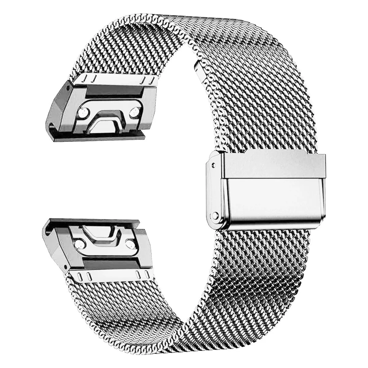 Stainless steel card-style replacement strap for Garmin Fenix smartwatch in silver finish.