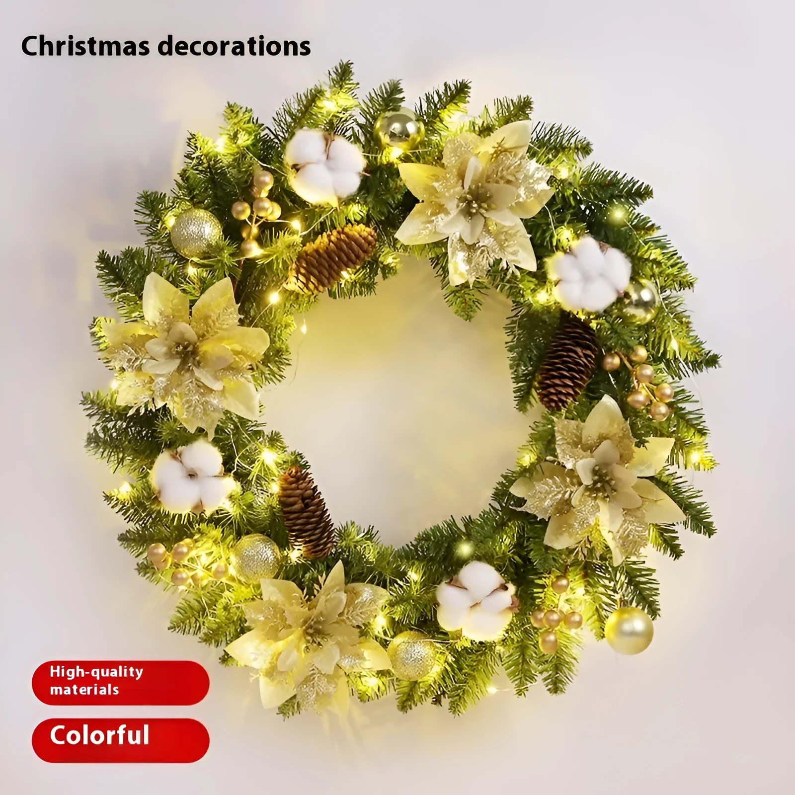 Christmas wreath 40cm diameter handmade PVC with lights red ball flower on door