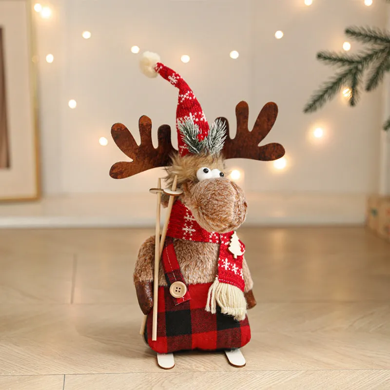 Cartoon plush elk retractable Christmas doll in gray colour with sled, cloth material, American modern art style