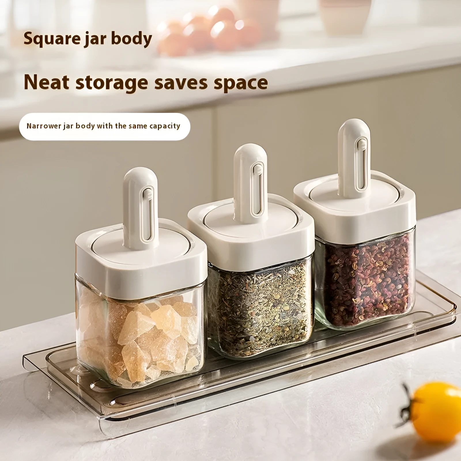 Yellow retractable glass seasoning jar with lid in Nordic style on kitchen counter