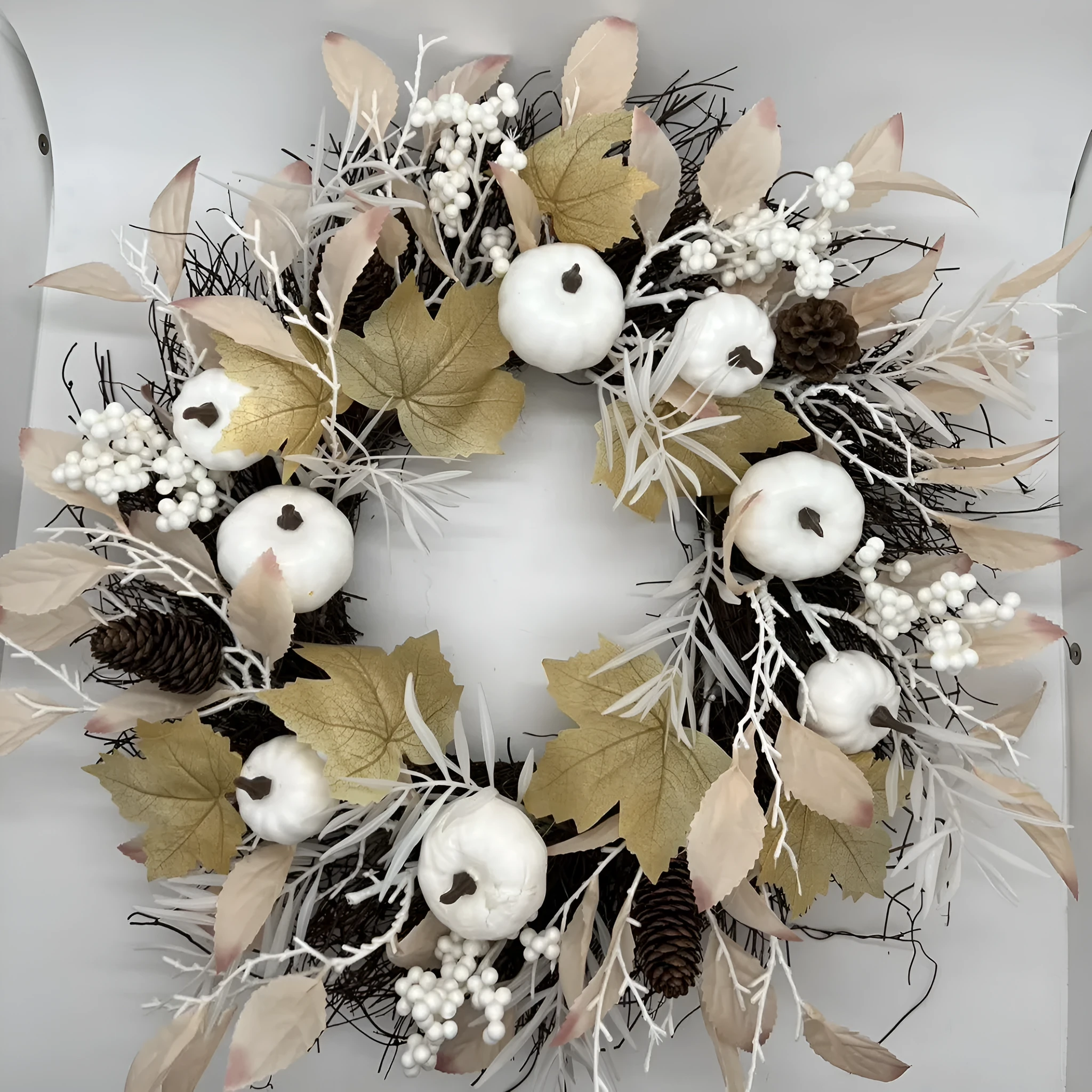 50cm artificial autumn Halloween wreath with pumpkins on white background