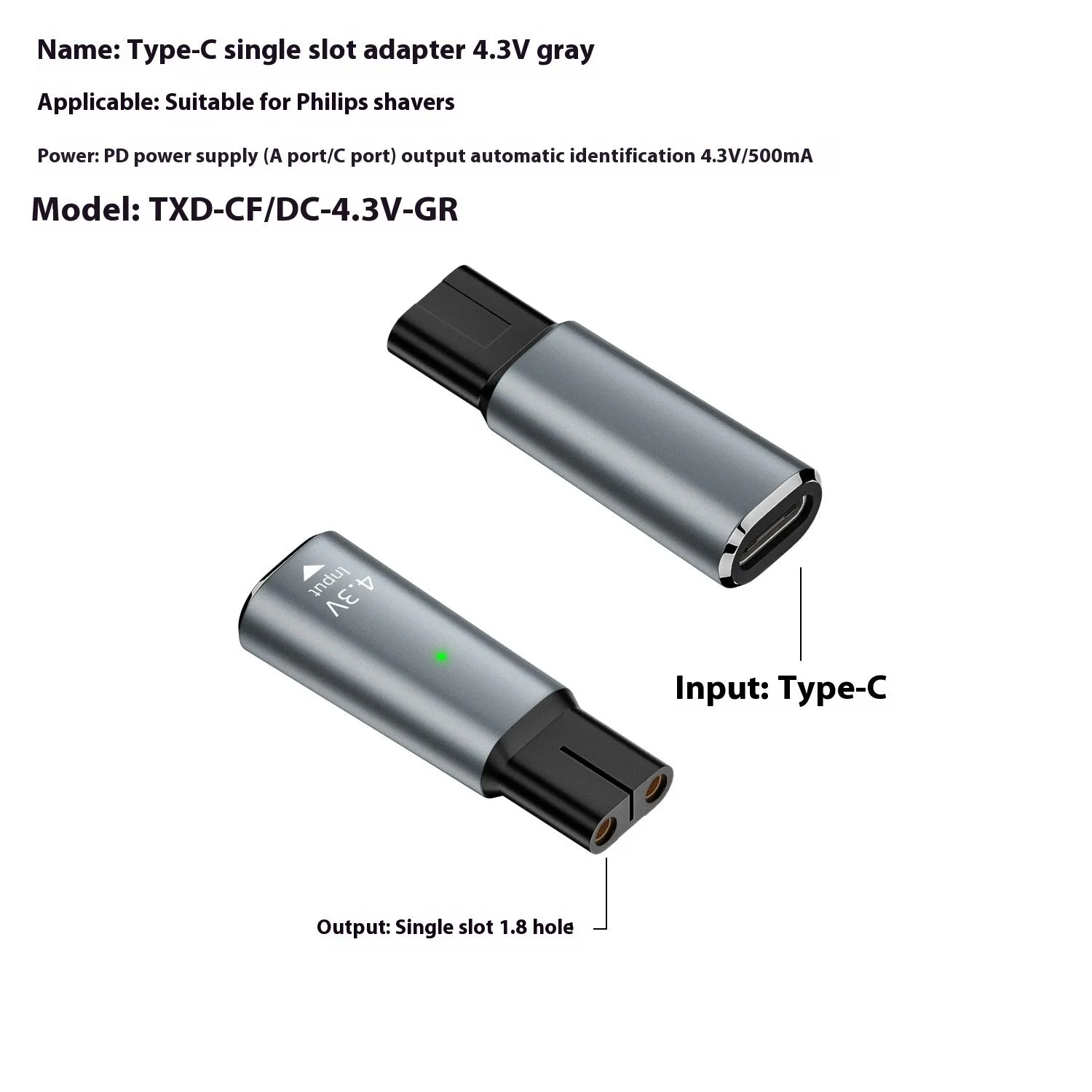 USB C charging adapter for 4.3V electric shavers and hair clippers in black colour