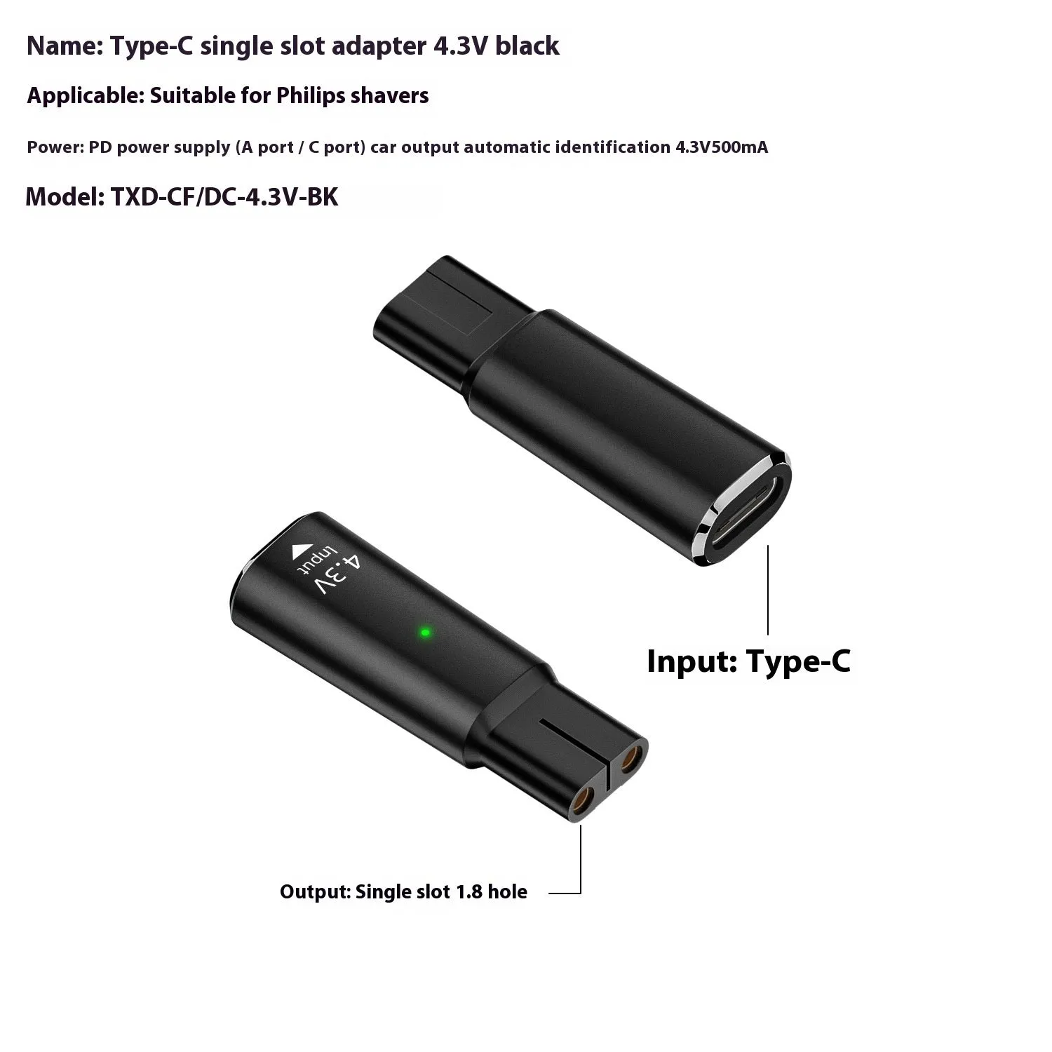 USB C charging adapter for 4.3V electric shavers and hair clippers in black colour