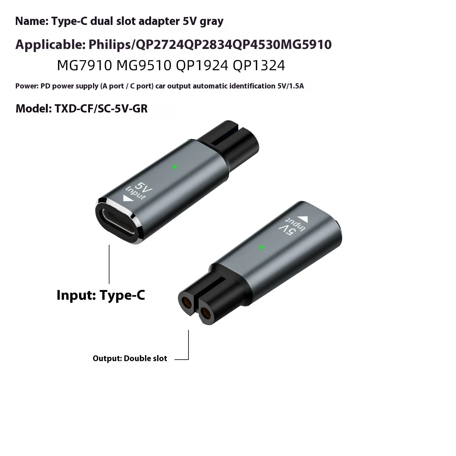 USB C charging adapter for 4.3V electric shavers and hair clippers in black colour