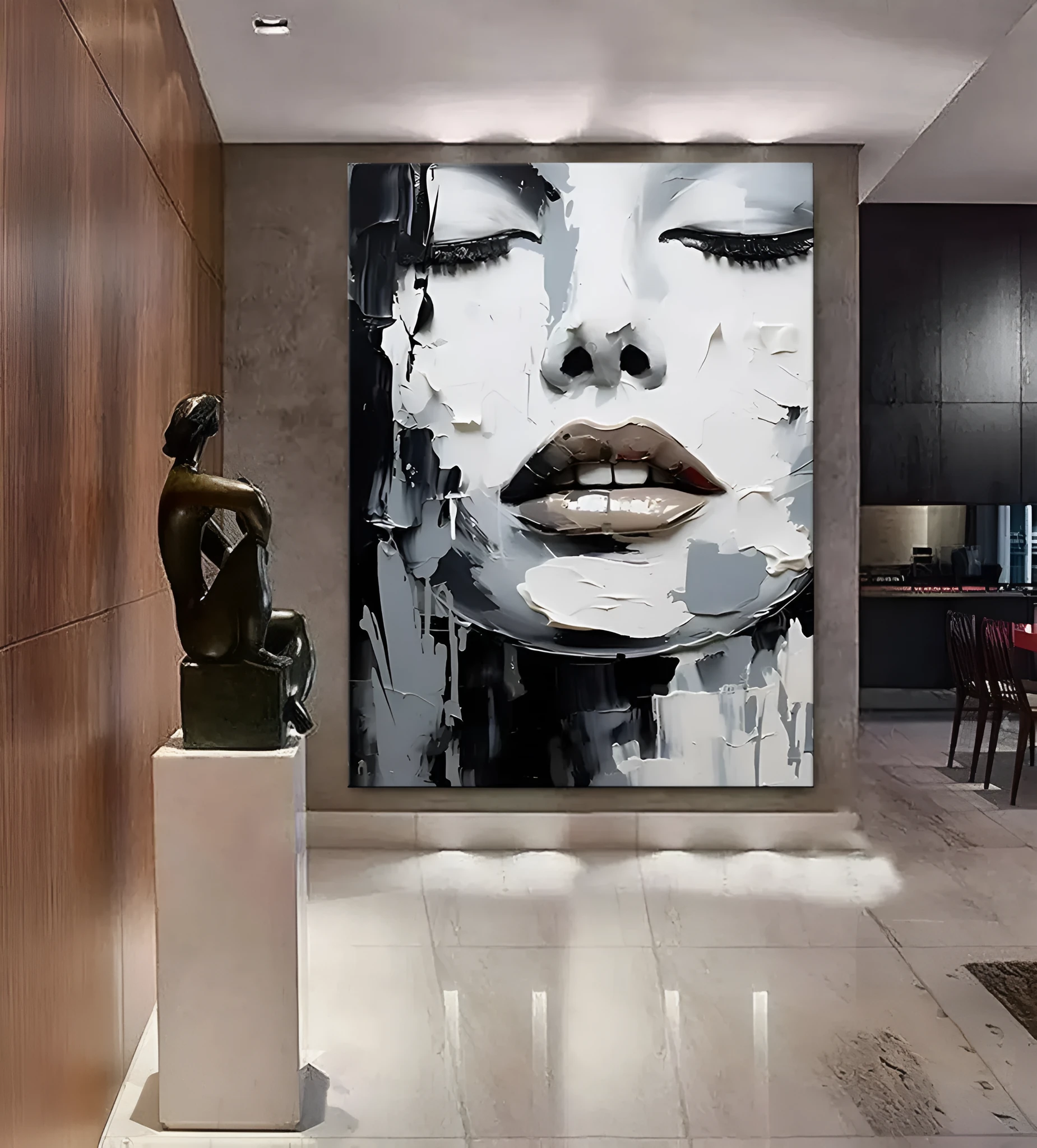 Handmade oil painting canvas black and white abstract knife painting portrait women home decor rolled frameless unstretched