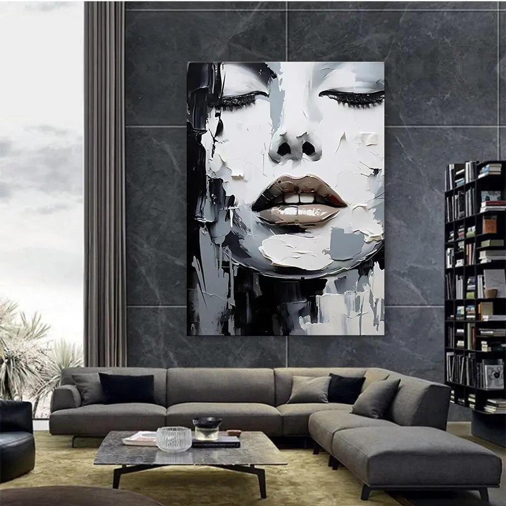 Handmade oil painting canvas black and white abstract knife painting portrait women home decor rolled frameless unstretched
