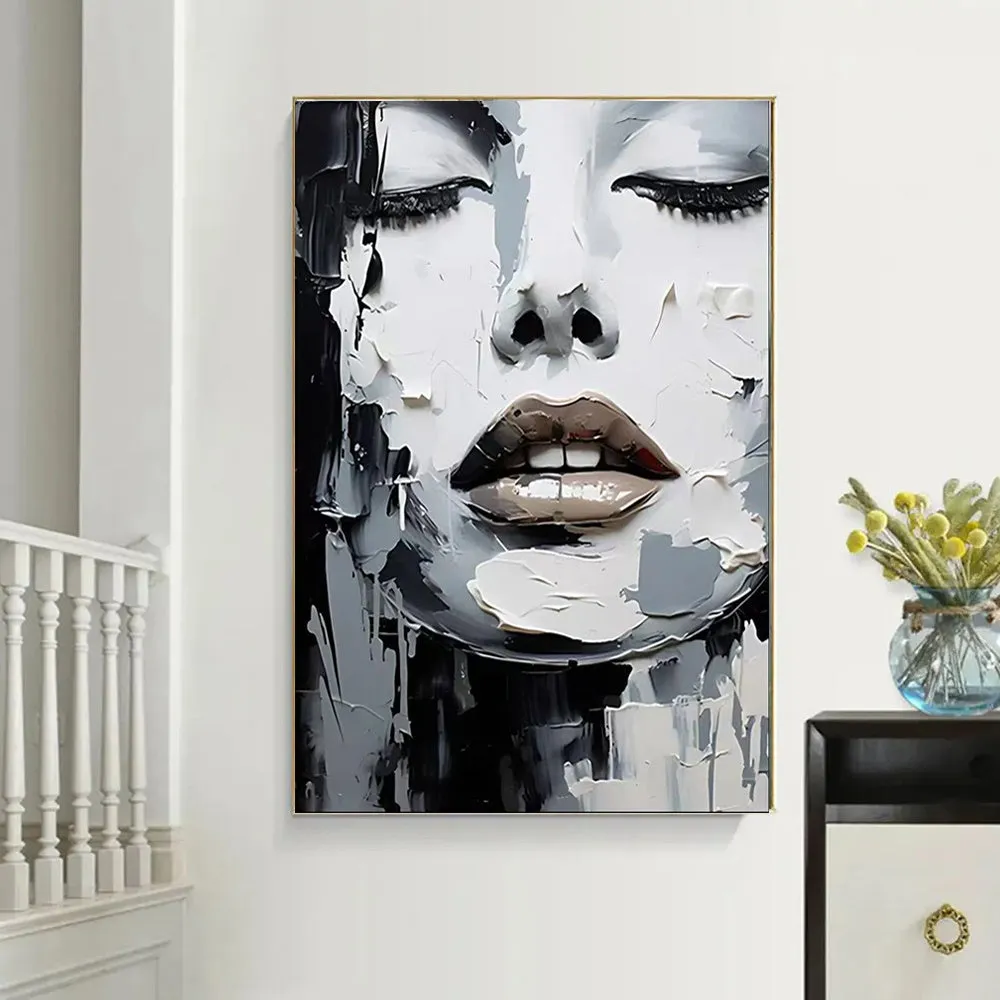 Handmade oil painting canvas black and white abstract knife painting portrait women home decor rolled frameless unstretched