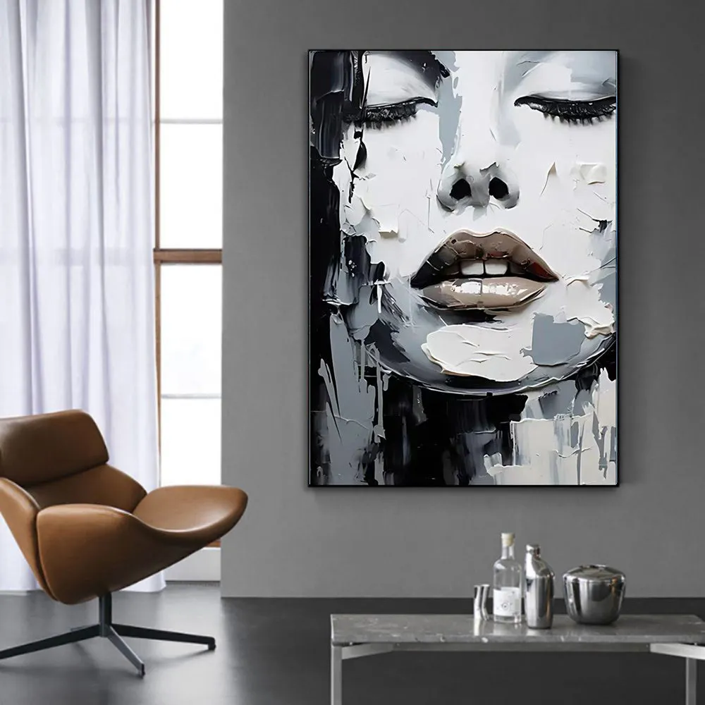 Handmade oil painting canvas black and white abstract knife painting portrait women home decor rolled frameless unstretched