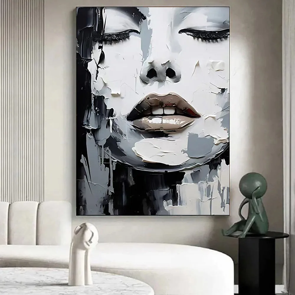 Handmade oil painting canvas black and white abstract knife painting portrait women home decor rolled frameless unstretched