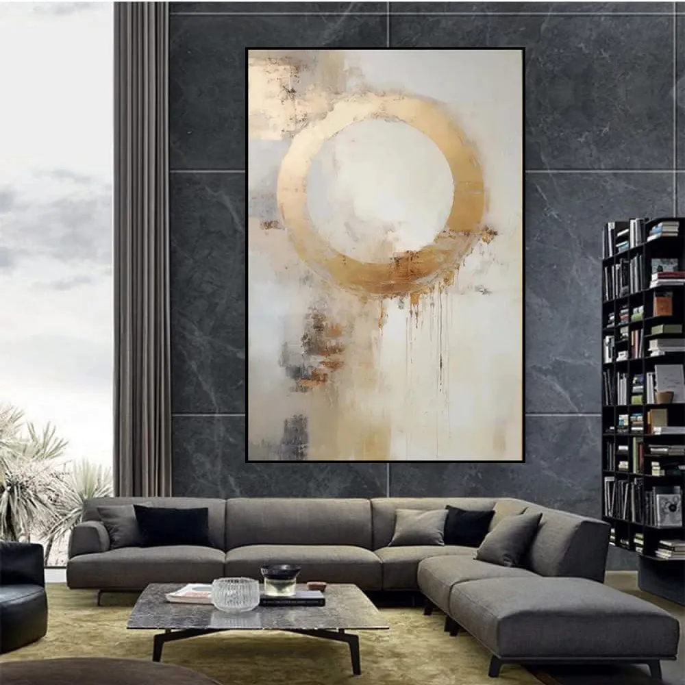 Handmade oil painting canvas wall art modern abstract golden circle design rolled frameless
