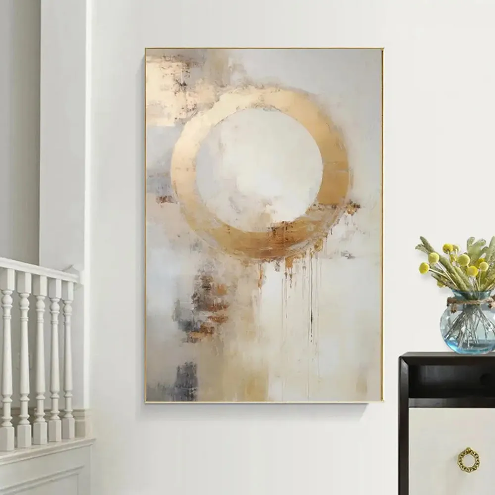 Handmade oil painting canvas wall art modern abstract golden circle design rolled frameless