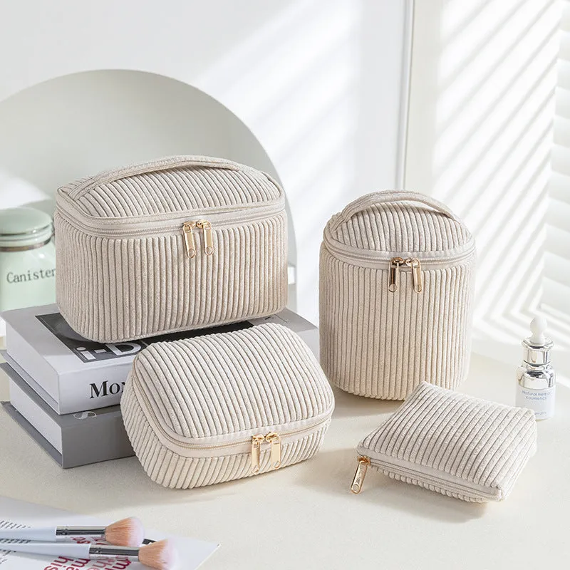 Flannelette makeup bag four-piece set in cube style, shown in khaki, pink, and dotted colour options.