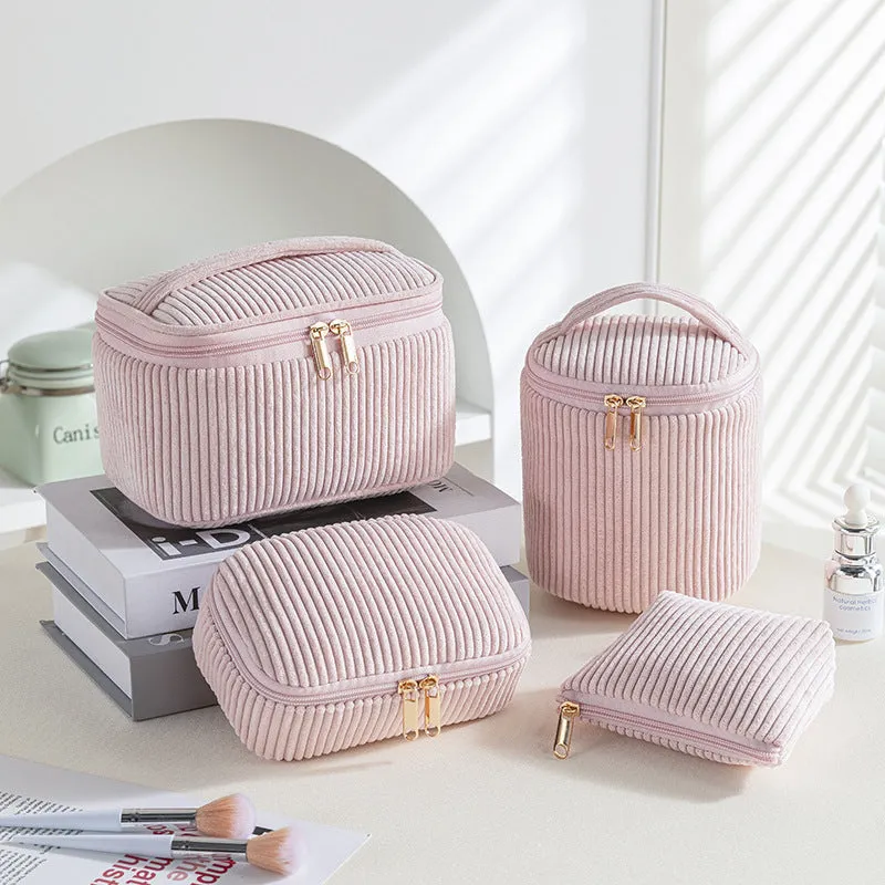 Flannelette makeup bag four-piece set in cube style, shown in khaki, pink, and dotted colour options.