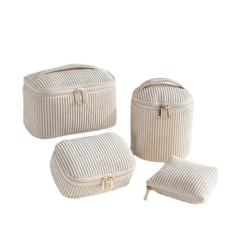 Flannelette makeup bag four-piece set in cube style, shown in khaki, pink, and dotted colour options.