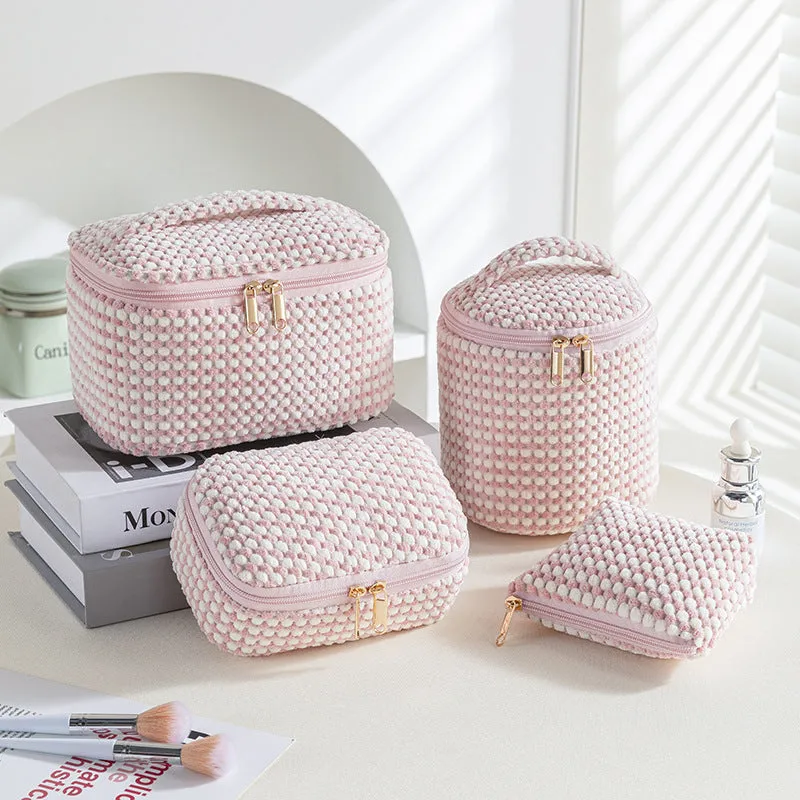 Flannelette makeup bag four-piece set in cube style, shown in khaki, pink, and dotted colour options.