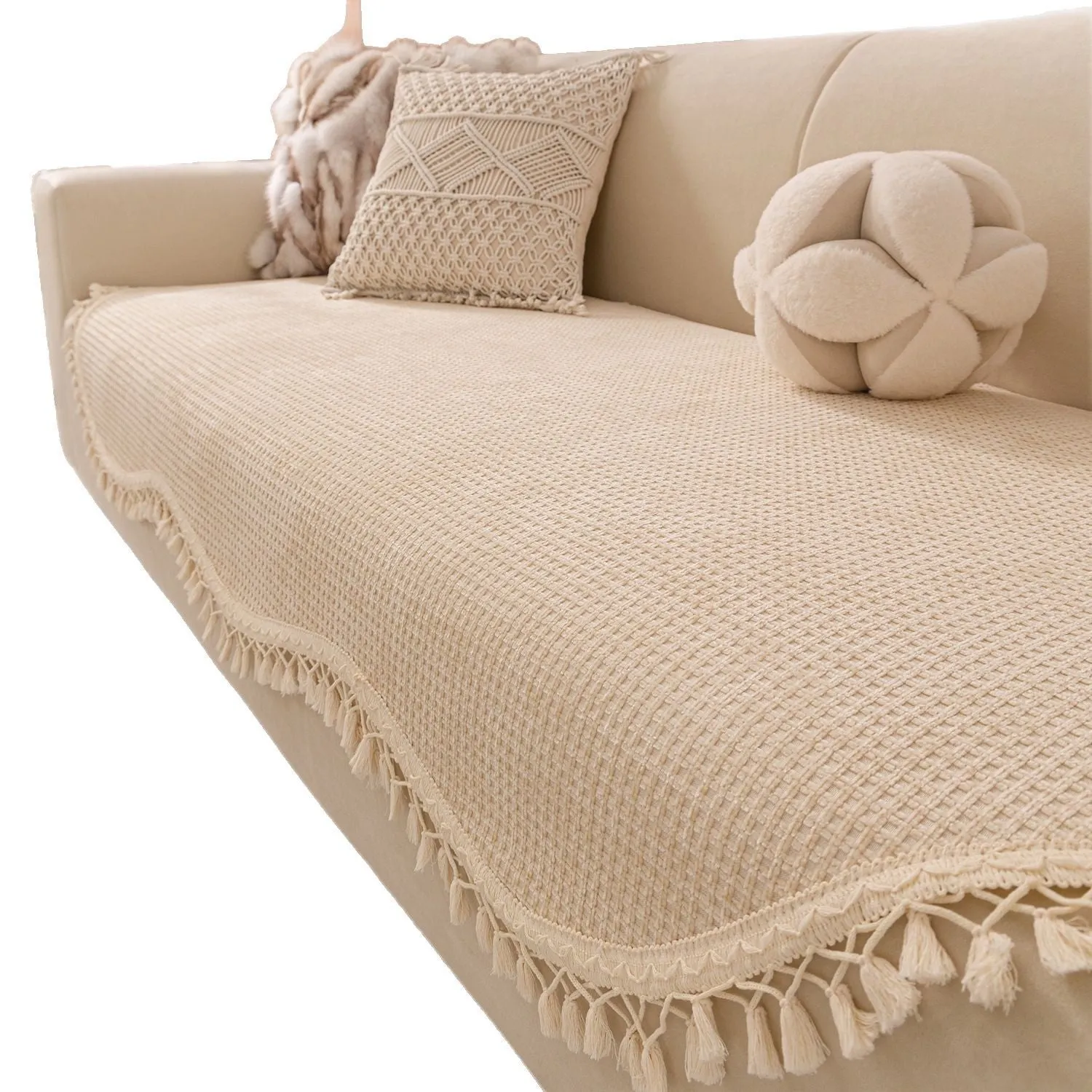 Special-shaped tassel short plush non-slip sofa cover in solid colour polyester, available in sizes 90x160cm to 90x240cm