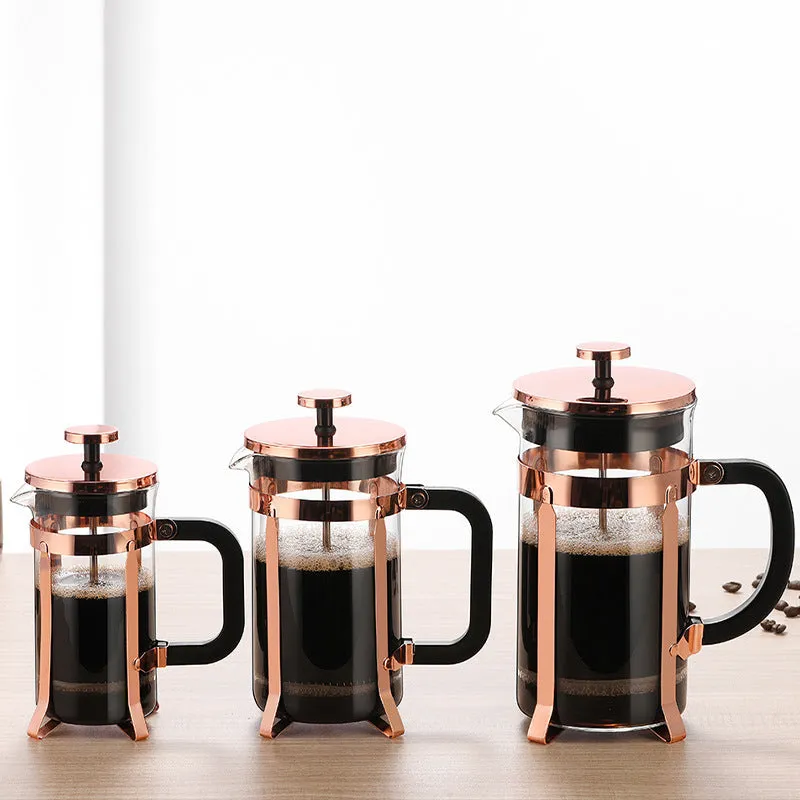 Stainless steel filter extraction tea infuser with fine mesh, 350ml capacity, rose gold finish, on a white background