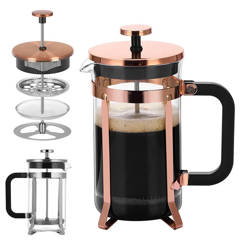 Stainless steel filter extraction tea infuser with fine mesh, 350ml capacity, rose gold finish, on a white background