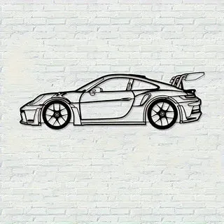 Black iron sports car wall art decoration on a white wall