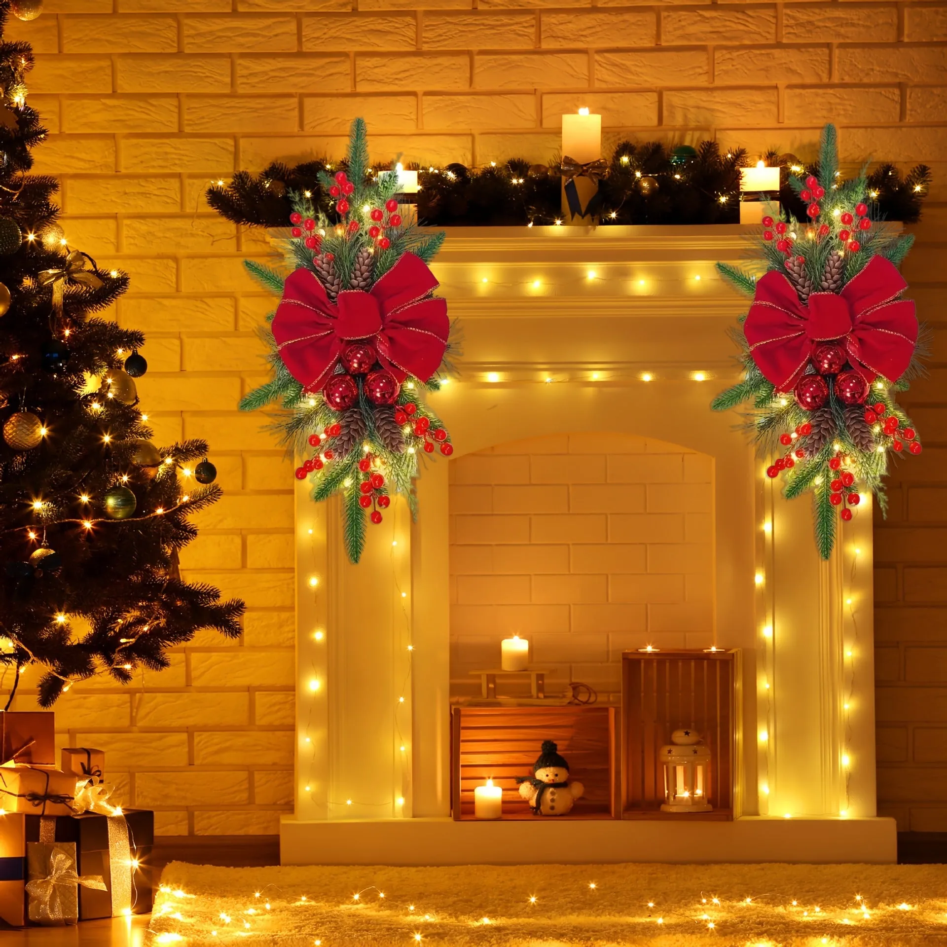 Red flocking garland made of plastic handmade American style for floor stair hanging decoration 45cm 60cm