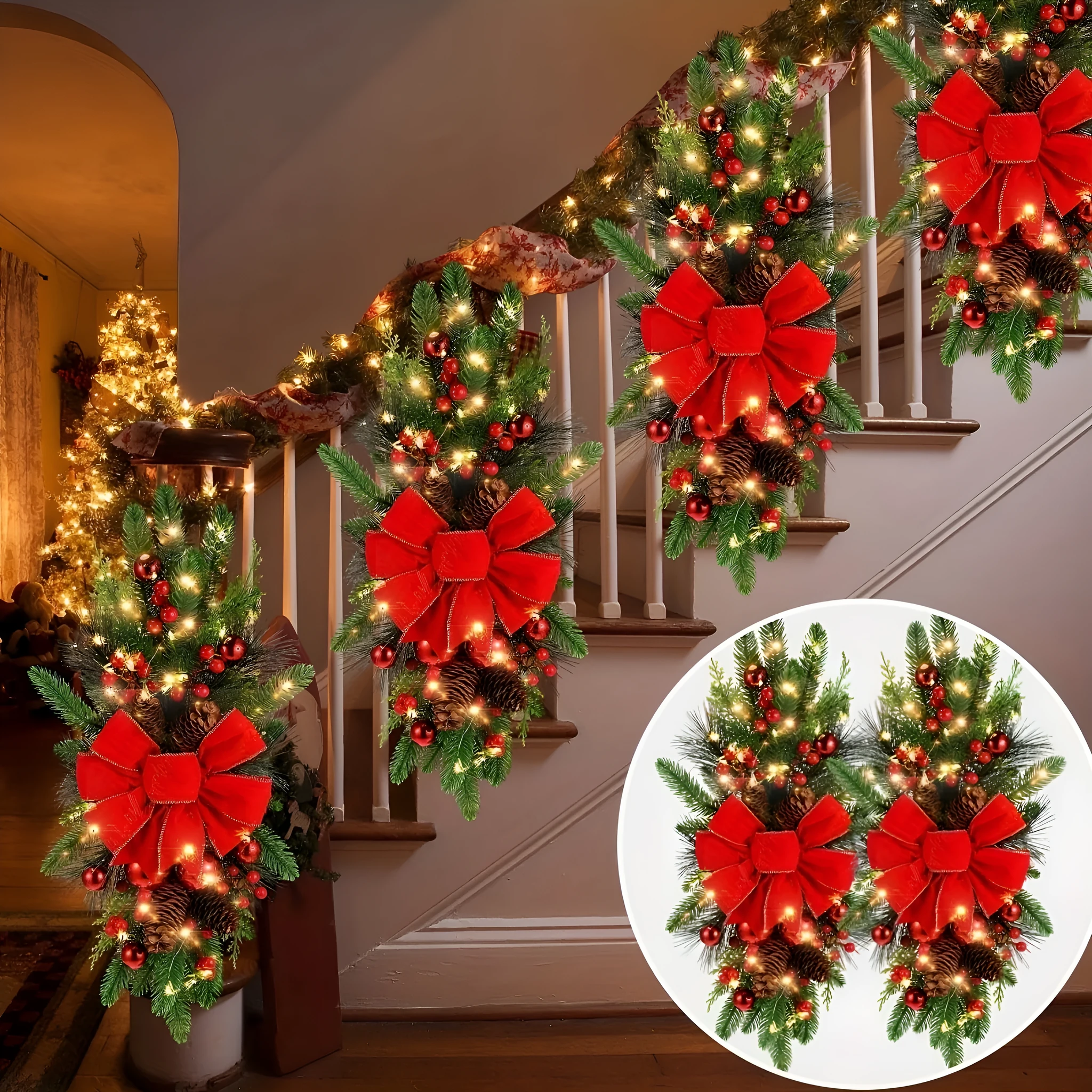 Red flocking garland made of plastic handmade American style for floor stair hanging decoration 45cm 60cm