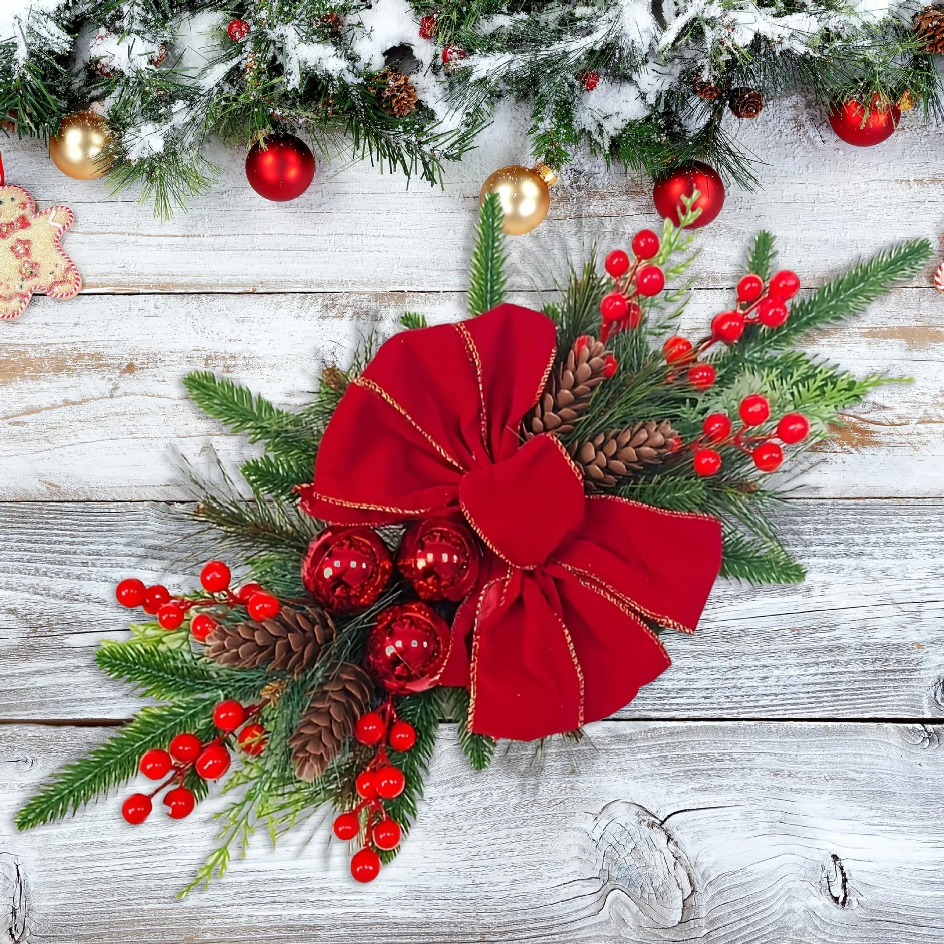 Red flocking garland made of plastic handmade American style for floor stair hanging decoration 45cm 60cm