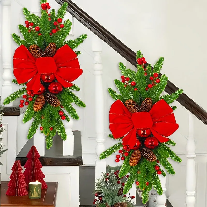 Red flocking garland made of plastic handmade American style for floor stair hanging decoration 45cm 60cm