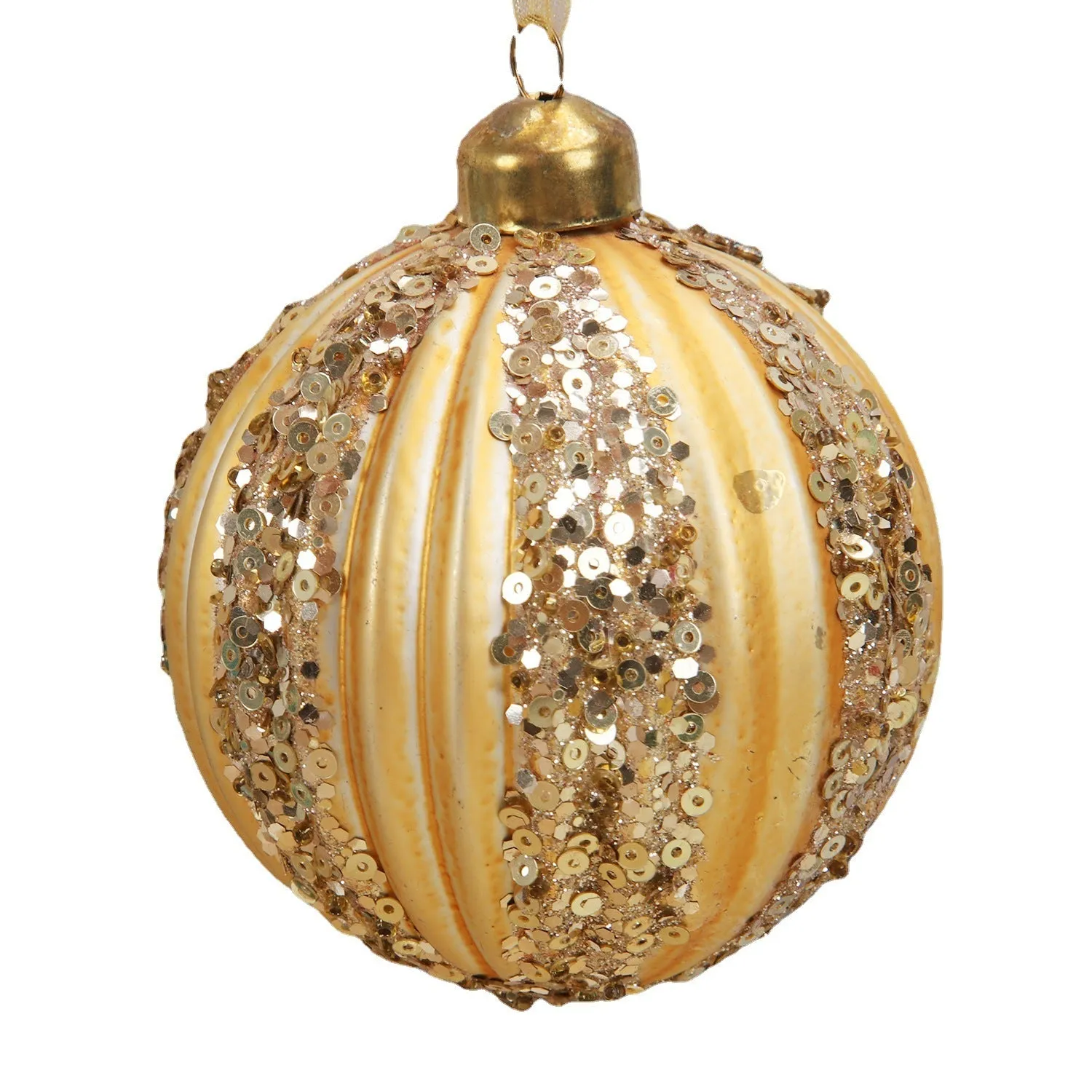 Green and yellow striped flocking Christmas glass ball decoration with mosaic surface on white background