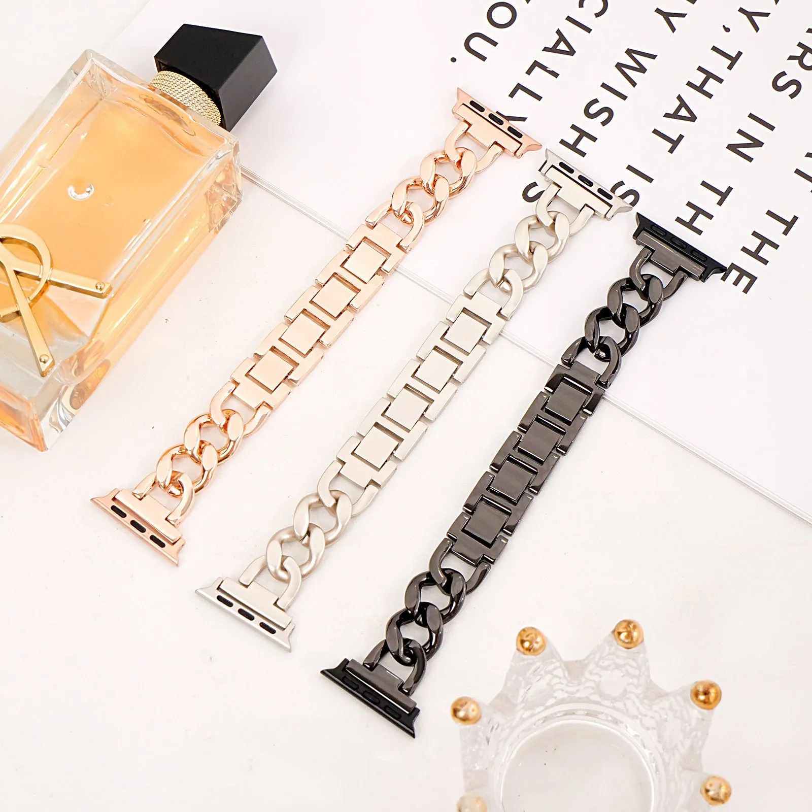 Denim chain metal watch strap for Apple Watch in silver, black, gold, rose gold, or Starlight colour.