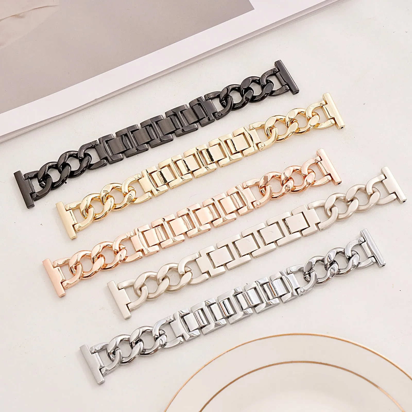 Denim chain metal watch strap for Apple Watch in silver, black, gold, rose gold, or Starlight colour.