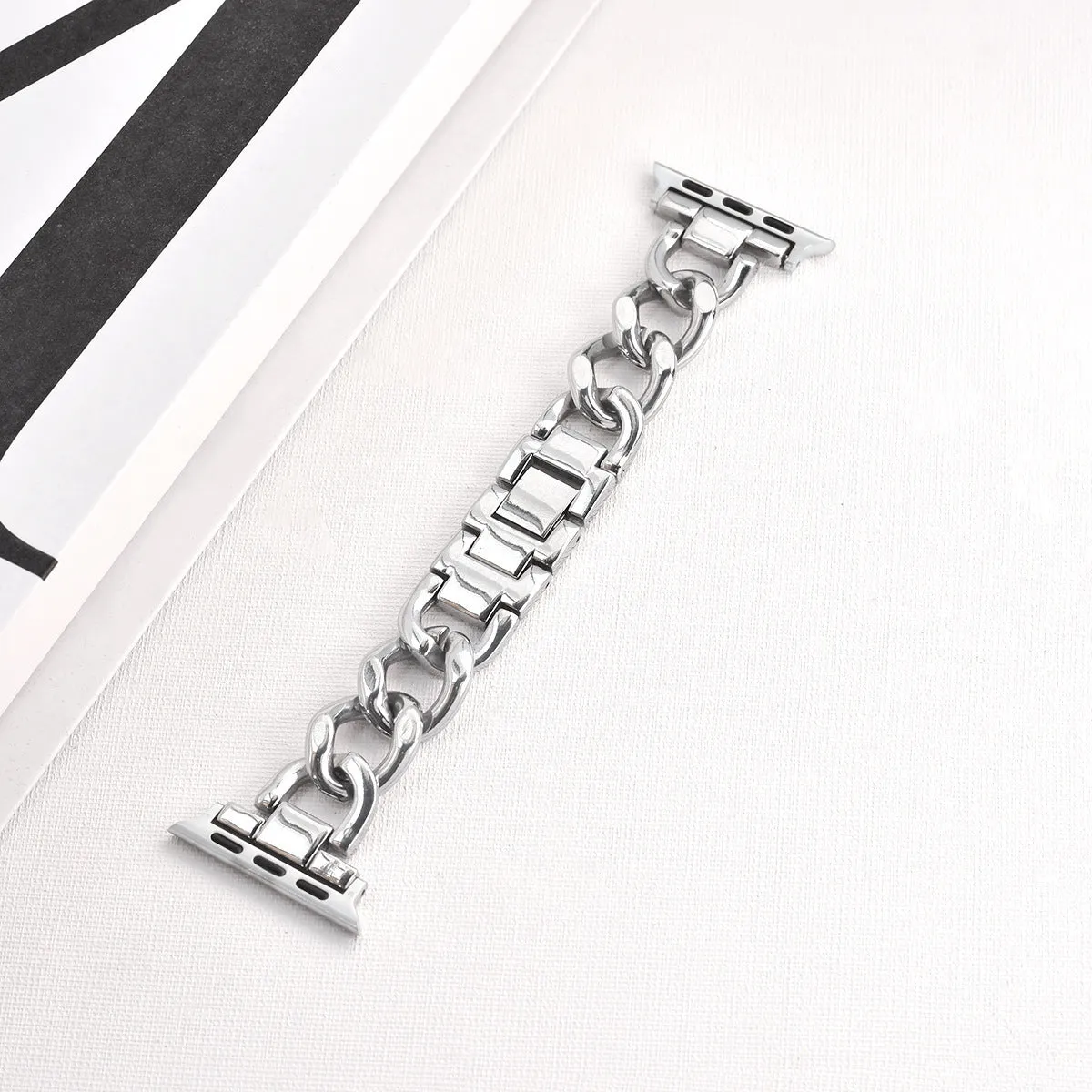 Denim chain metal watch strap for Apple Watch in silver, black, gold, rose gold, or Starlight colour.