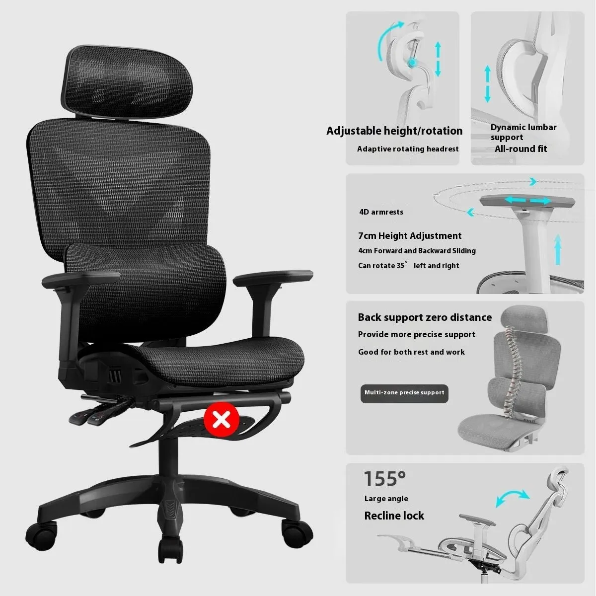 Ergonomic mesh gaming chair with black frame, black net back, 4D armrests, and footrest