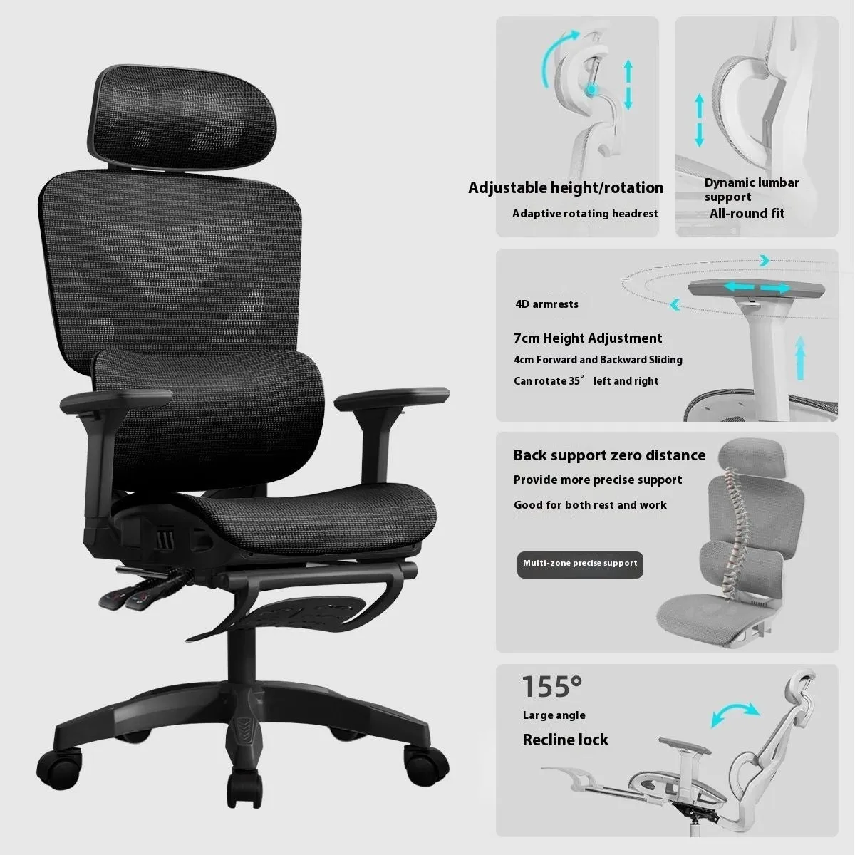 Ergonomic mesh gaming chair with black frame, black net back, 4D armrests, and footrest