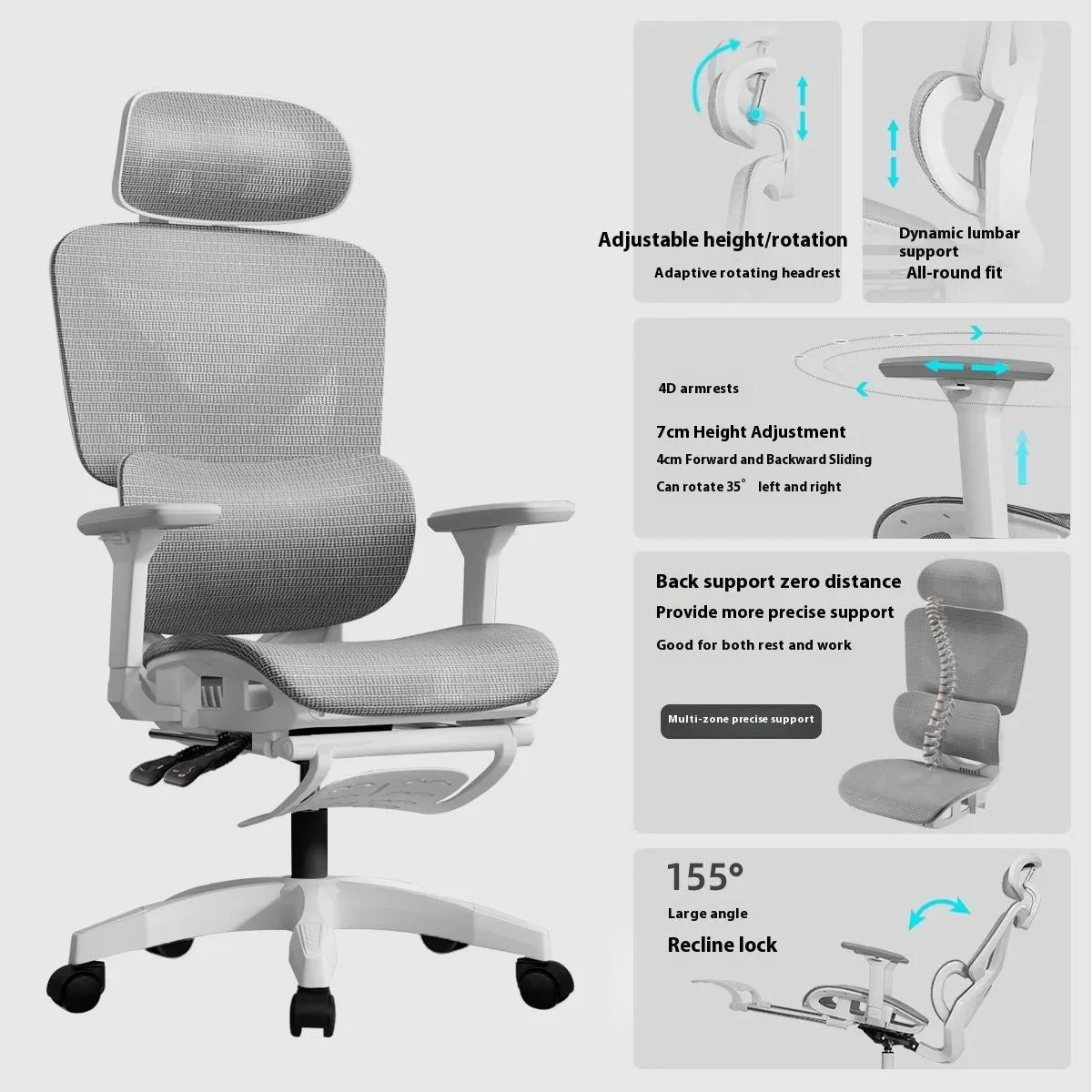 Ergonomic mesh gaming chair with black frame, black net back, 4D armrests, and footrest