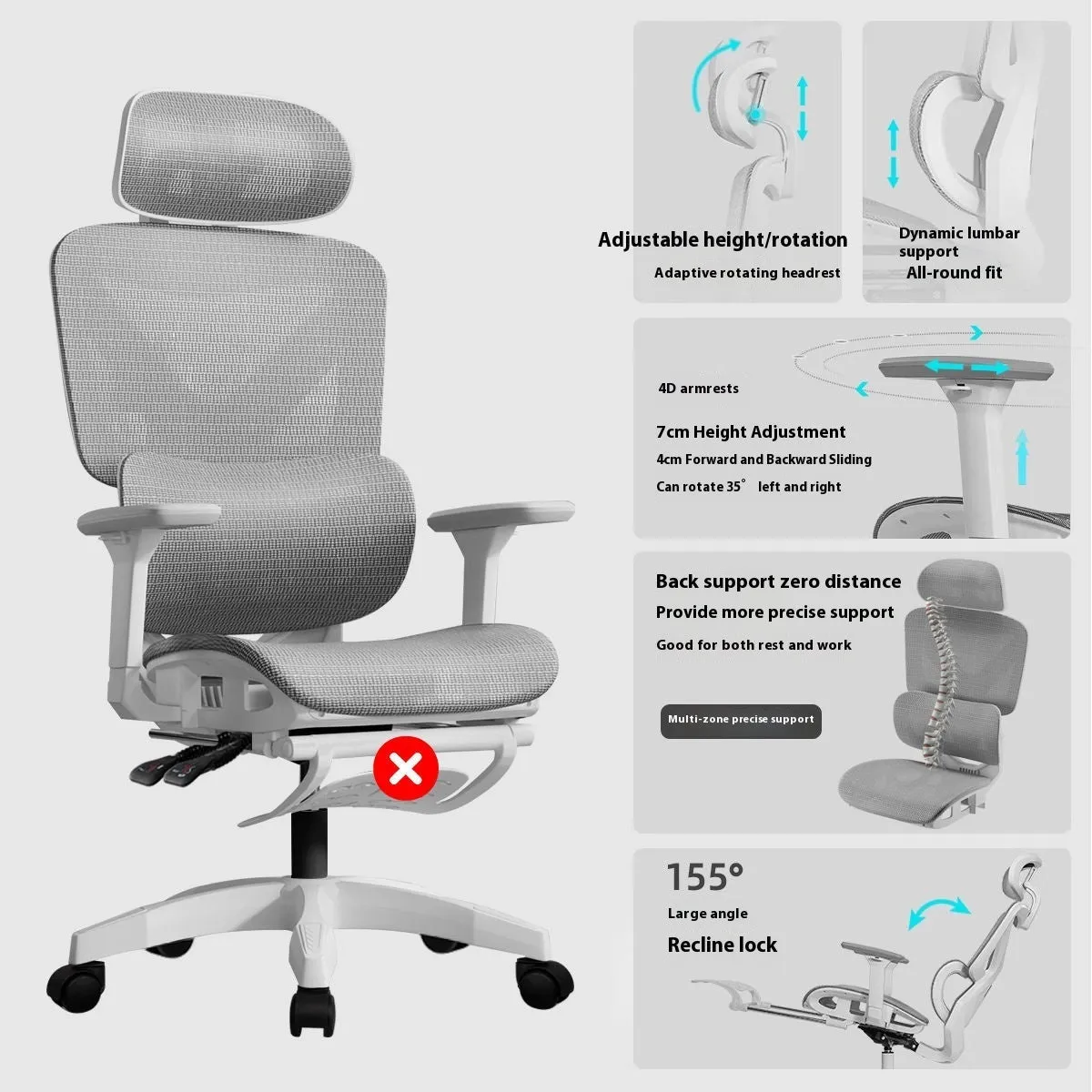 Ergonomic mesh gaming chair with black frame, black net back, 4D armrests, and footrest
