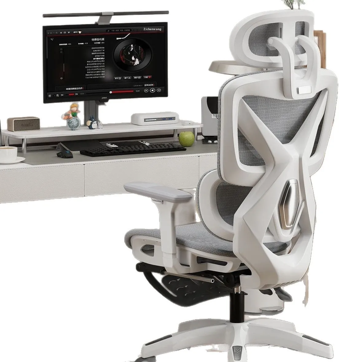 Ergonomic mesh gaming chair with black frame, black net back, 4D armrests, and footrest