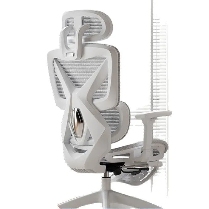 Ergonomic mesh gaming chair with black frame, black net back, 4D armrests, and footrest