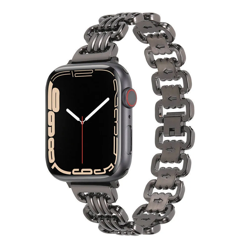 Silver alloy metal replacement bracelet strap for Apple Watch on a table.