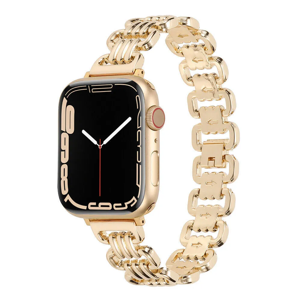Silver alloy metal replacement bracelet strap for Apple Watch on a table.
