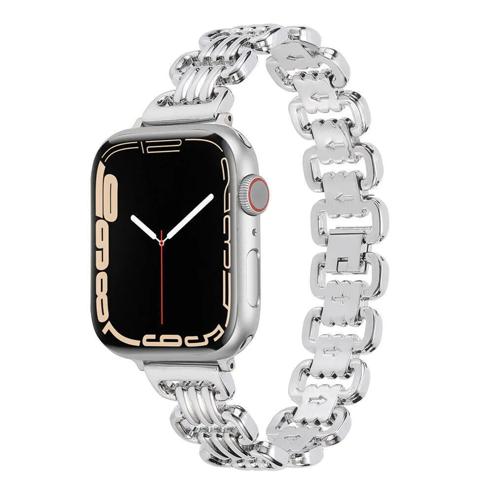 Silver alloy metal replacement bracelet strap for Apple Watch on a table.